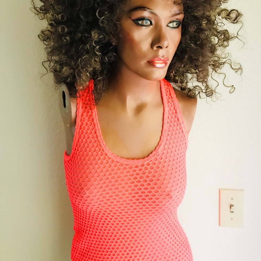 Neon Coral Waffle Weave Racerback TANK TOP Size M